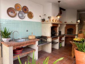 a kitchen with a sink and some plates on the wall at Camélias Casa de Charme in Varziela