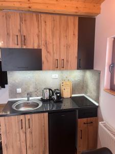 a kitchen with a sink and wooden cabinets at Brvnara Tarska Zora in Sekulić 