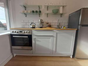 a kitchen with a stove and a sink and a refrigerator at Botanical Apartment in Konstancin-Jeziorna