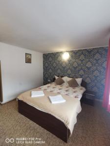 a hotel room with a bed with two pillows at Casa Valea Cerbului Busteni in Buşteni +2 photos
