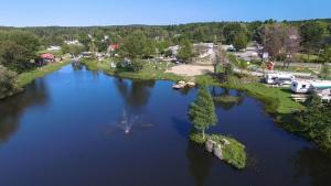 een luchtfoto van een meer met bomen in het water bij Petit chalet au bord du lac in Shefford