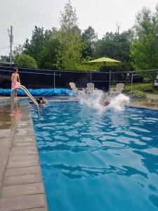 een groep mensen in een zwembad bij Petit chalet au bord du lac in Shefford +15 foto's
