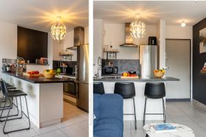 two views of a kitchen and a living room at Casa Pouty Beach in Bastia
