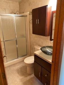 a bathroom with a shower and a toilet and a sink at 2 bedroom home in a quiet neighborhood in Plattsburgh +8 photos