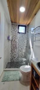 a bathroom with a shower with a toilet and a sink at Lickety Split 2 - Northside, Oceanview Retreat in Caye Caulker