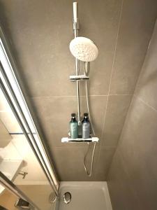 ein Badezimmer mit Dusche und zwei Flaschen auf einem Regal in der Unterkunft European Lodge Duplex in Brüssel