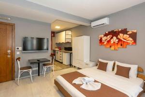 a bedroom with a bed and a table and a tv at Lion Apart Hotel Taksim in Istanbul