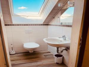een badkamer met een wastafel en een toilet met een dakraam bij Ferienhaus im Ferienpark Mirow in Granzow +24 foto's
