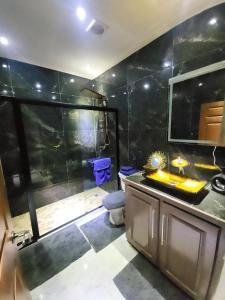 a bathroom with a shower and a sink at Hilltop Villa Chez Coco in Rodney Bay Village