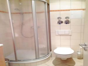 a bathroom with a shower and a toilet at Elegant eingerichtete Ferienwohnung in Granzow