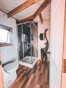un baño con inodoro y lavabo en Cabaña con vista al volcán, en Neltume