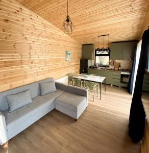 a living room with a couch and a kitchen at Tianeti Apple Cottages 