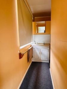 a small bathroom with a sink and a mirror at Awhina's Lodge in Ohakune +21 photos