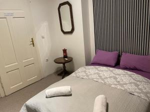 a bedroom with a bed with purple pillows and a mirror at Social Guest House in Sofia