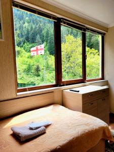 Hidden Forest Cottage في بورجومي: غرفة نوم بها سرير ونافذة عليها علم كندي