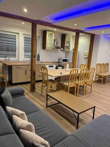 Nordschleife Apartments A2 في Quiddelbach: غرفة معيشة مع أريكة وطاولة وكراسي