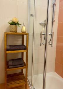 een badkamer met een douche en handdoeken op een plank bij APPOVEL- Balkonové Studio in Olomouc +4 foto's