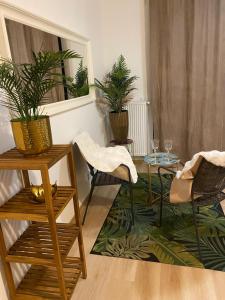 een woonkamer met stoelen en een tafel met planten bij APPOVEL- Balkonové Studio in Olomouc