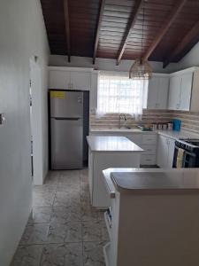 Lovely 3-bedroom house located near Oistins, close to beaches and Golf course في كرايست تشيرش: مطبخ بخزائن بيضاء ومغسلة وثلاجة