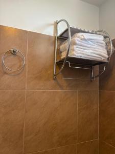 a towel rack on the wall of a bathroom at Departamento Liban in San Juan +15 photos
