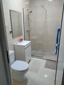 a bathroom with a shower and a toilet and a sink at Residencial Oliveira in Porto Novo