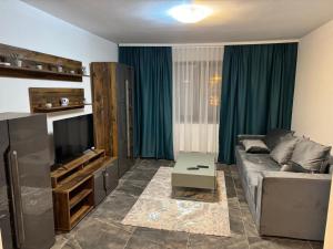 un salon avec un canapé et une télévision à écran plat dans l'établissement Albert Studio, à Drobeta-Turnu Severin