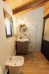 un bagno con lavandino e specchio di Cabana AFrame EmAli a Poiana Teiului Altre 32 foto