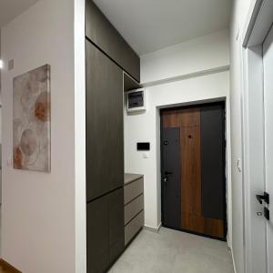 Un pasillo con un armario negro y una puerta. en Harmony Airport Apartment, en Skopje