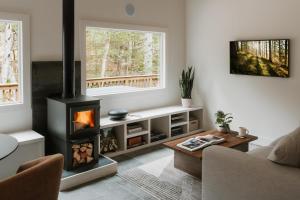 Μια τηλεόραση ή/και κέντρο ψυχαγωγίας στο Creekside Modern Cabin Sauna Hot Tub Niksen Den