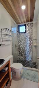 a bathroom with a toilet and a stone wall at Lickety Split Unit 3, Northside Ocean View in Caye Caulker