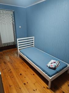 a bed in a room with a blue wall at Słoneczna Przystań in Wrocław