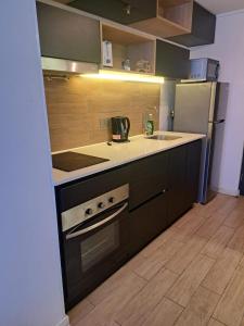 eine Küche mit Herd und Spüle in der Unterkunft Céntrico y preciso en Coquimbo in Coquimbo