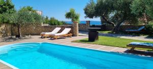 einen Pool in einem Garten mit zwei Liegestühlen in der Unterkunft Villa Rapkinja in Rab