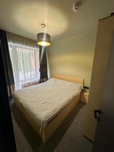 Un dormitorio con una cama en una habitación con ventana. en Premium Ski Retreat - Steps from Kokhta Gora, en Itʼkhvisi