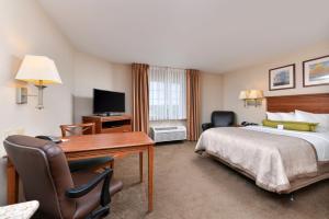 a hotel room with a bed and a desk and a computer at Candlewood Suites Roswell by IHG in Roswell
