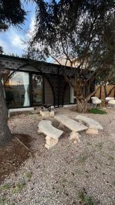 a house with a tree and a stone bench at Sehayleh Chalet in Ḩayy ash Shabbūq +9 photos