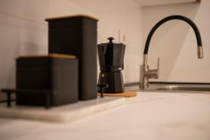 Una encimera de cocina con una cafetera junto a un fregadero. en Apartamentos Palma del Río CAROLA, en Linares 67 fotos más