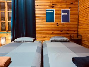 two beds in a room with wooden walls at Casa Aldirica in Cahuita
