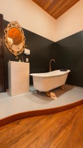 a bath tub on display in a bathroom with a mirror at Pousada Elite in Santa Teresa