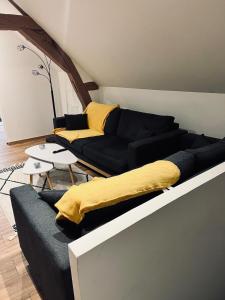 a living room with a black couch and yellow pillows at Cozy loft between zoo and castles in Faverolles-sur-Cher +6 photos