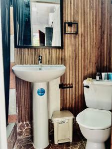 a bathroom with a sink and a toilet at Chinuk Boutique Hotel in Puerto Viejo