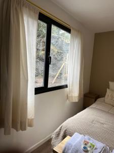 1 dormitorio con cama y ventana con tren en Nina apart Meliquina, en San Martín de los Andes