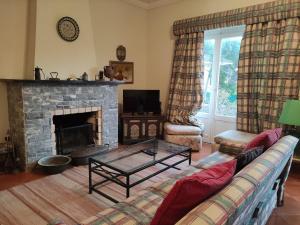 a living room with a couch and a fireplace at Classic 3BR Sintra Home near Beaches & Palaces in Colares