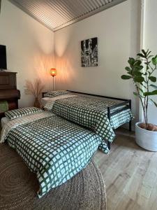 Coral Fern Farm Stay في Mongans Bridge: غرفة نوم بسريرين ومصنع خزاف