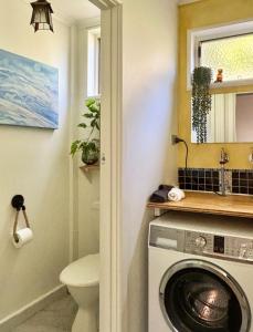 Coral Fern Farm Stay في Mongans Bridge: حمام مع غسالة ومرحاض