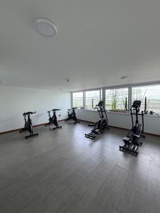 Frente a Playa Brava, Cerca Cavancha, WiFi في إكيكي: صف من الدراجات الرياضية في غرفة مع نوافذ