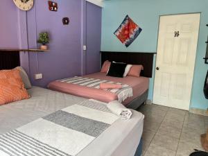 two beds in a room with purple walls at Habitaciones Kolibri in Quepos