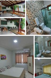 a collage of pictures of a bedroom with a bed and a bathroom at K&S Kanto Sereno in Pirenópolis