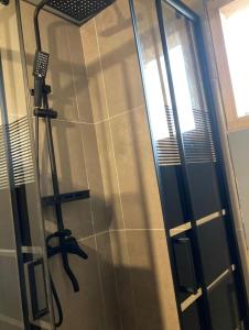 a shower in a bathroom with a glass door at Cabaña Amancay Fuy in Puerto Fuy