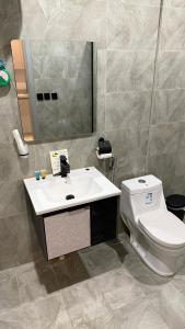 un bagno con un water, un lavandino e uno specchio di شقة فاخرة بحي الوزارات a Riyad Altre 5 foto
